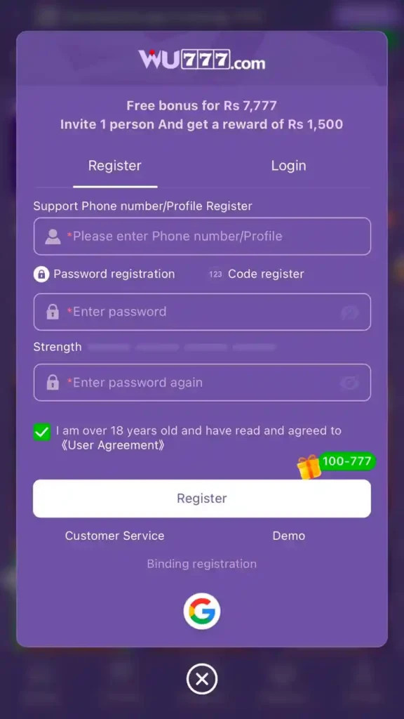 777WU Game sign up form and registration steps