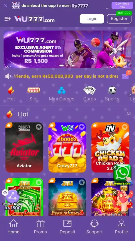 777WU Game home dashboard with all games