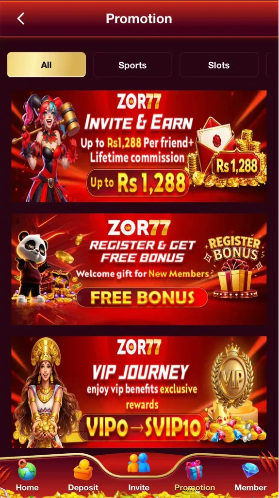 77ZOR Game promotional bonuses and offers page