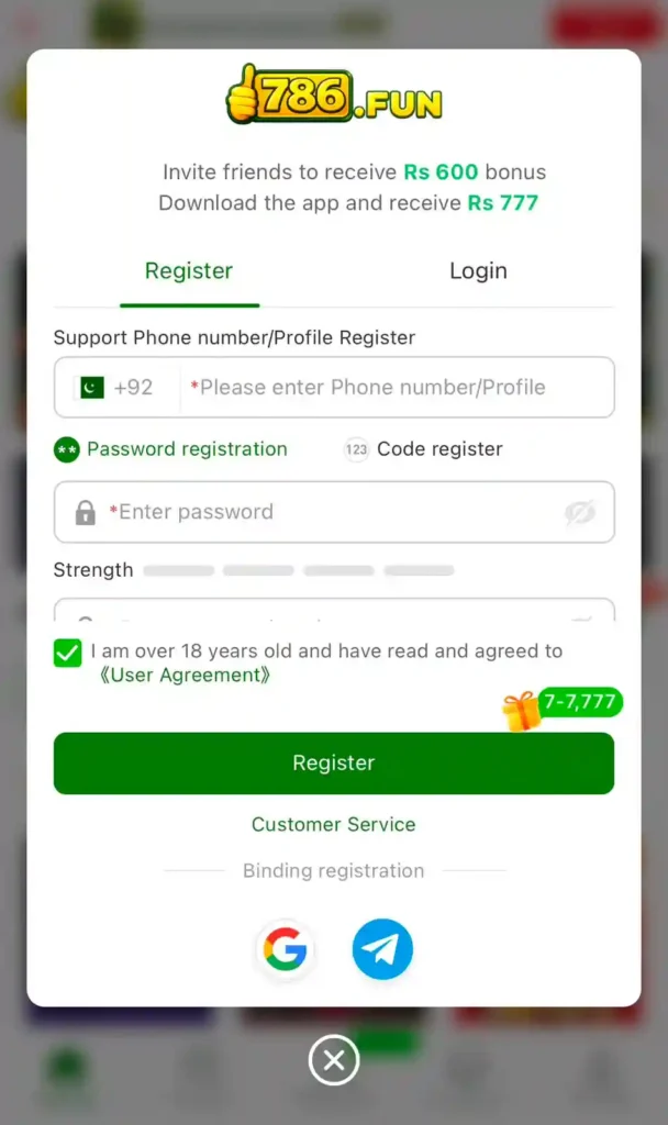 786Fun Game new account registration page