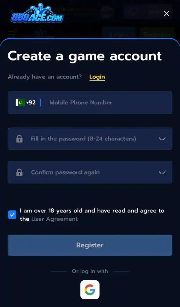 888ACE Game sign up form and registration steps
