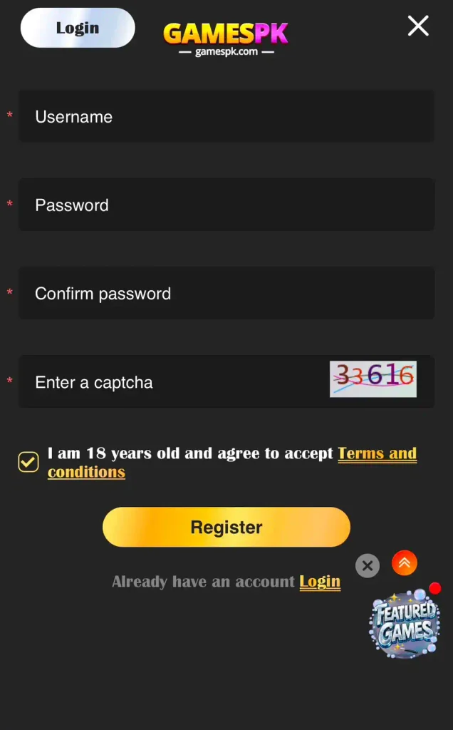 GamesPK Game register screen and signup guide
