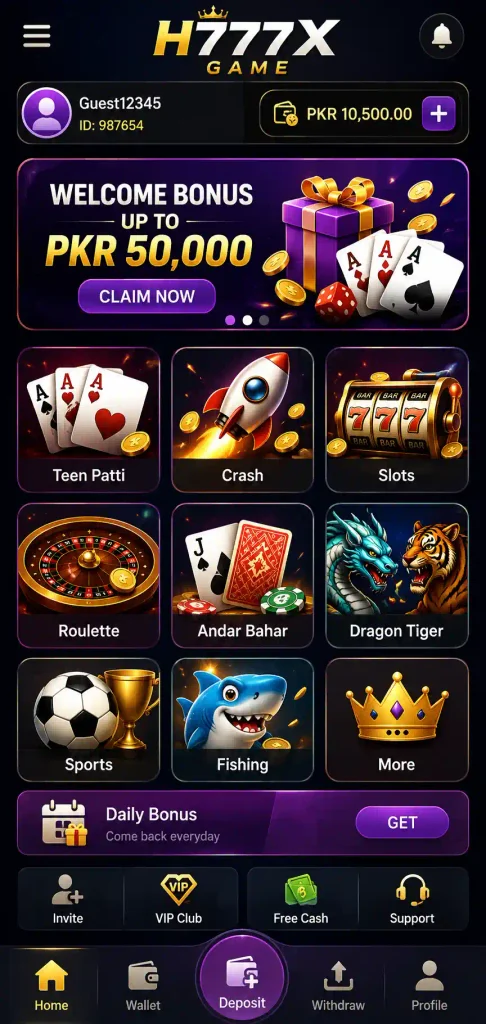 H777X Game main screen interface and games list
