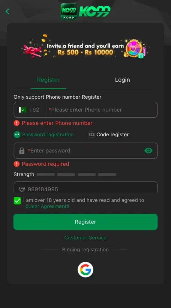 KC99 Game sign up form and registration steps