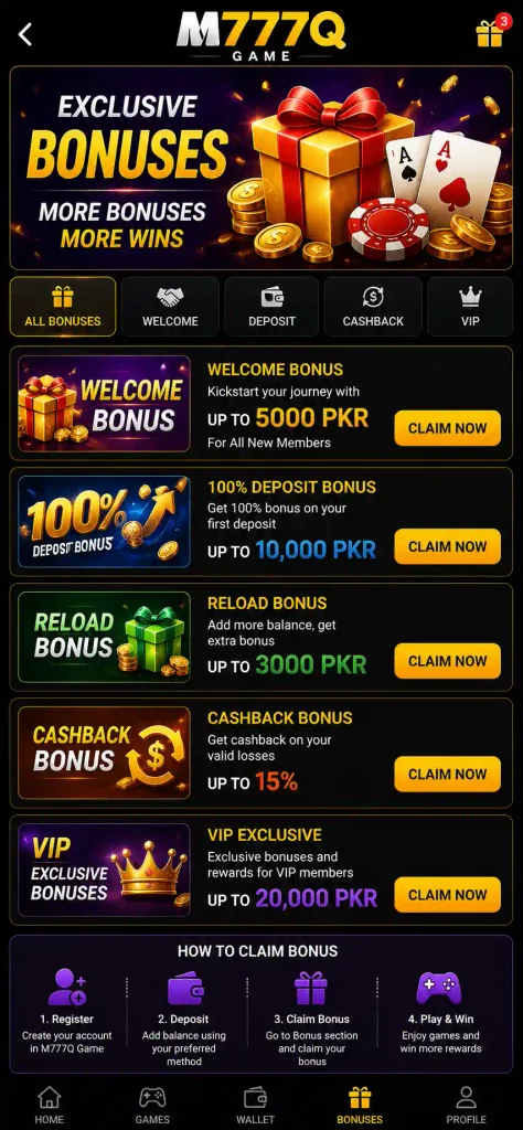 M777Q Game bonus page and reward system