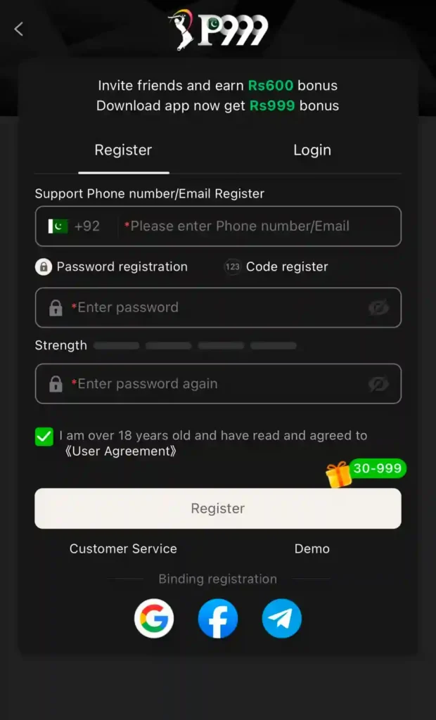 P999 Game registration and account creation process