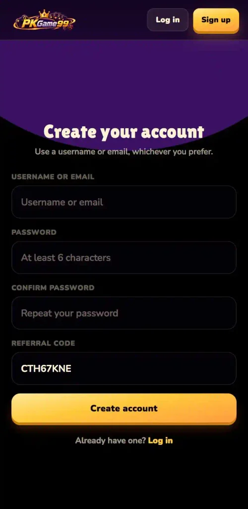 PK99 Game register screen and signup guide
