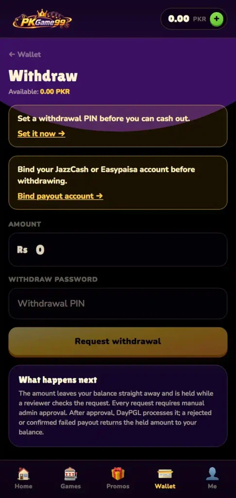 PK99 Game withdrawal account details and payment confirmation screen
