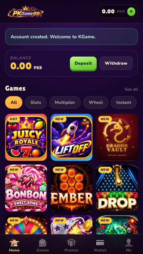 PK99 Game main lobby and available games
