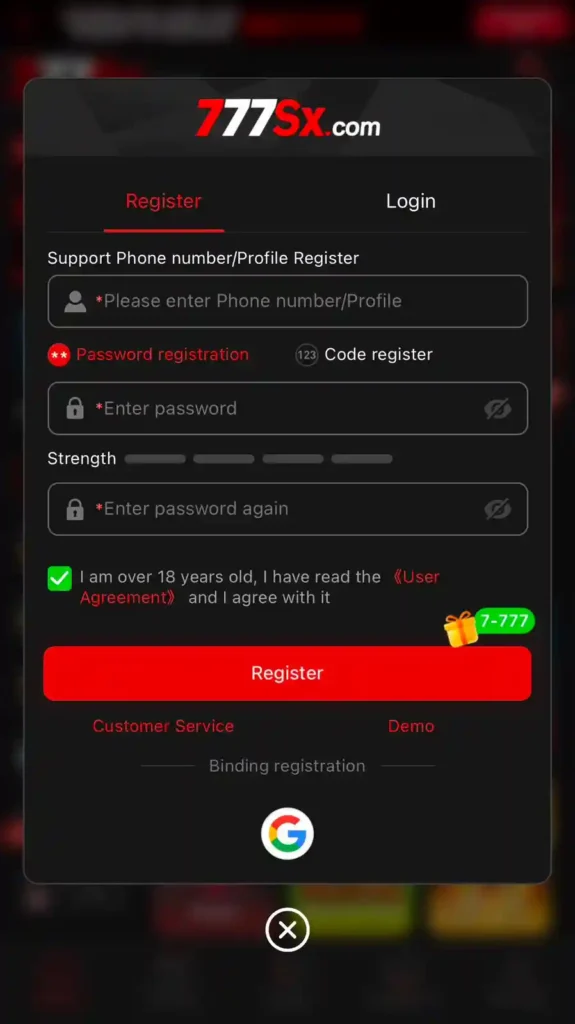 SX777 Game registration and account creation process