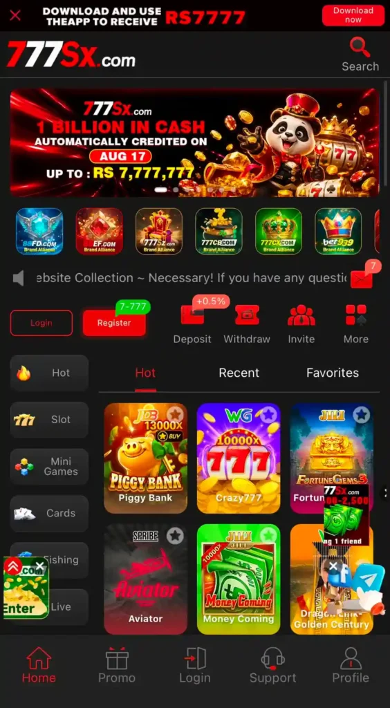 SX777 Game main screen interface and games list