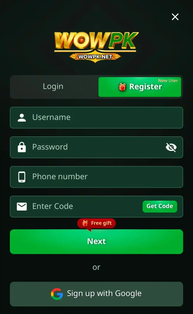 WowPK Game new account registration page