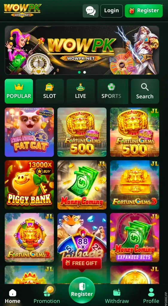 WowPK Game homepage and game categories