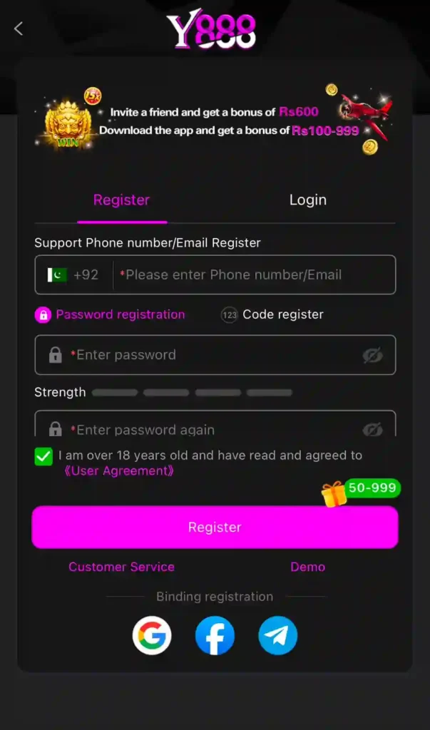 Y888 Game registration and account creation process